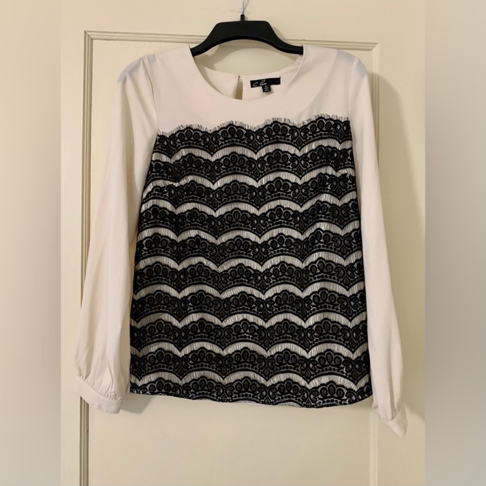C. Luce Long Sleeve Black Lace Holiday Blouse Sz M